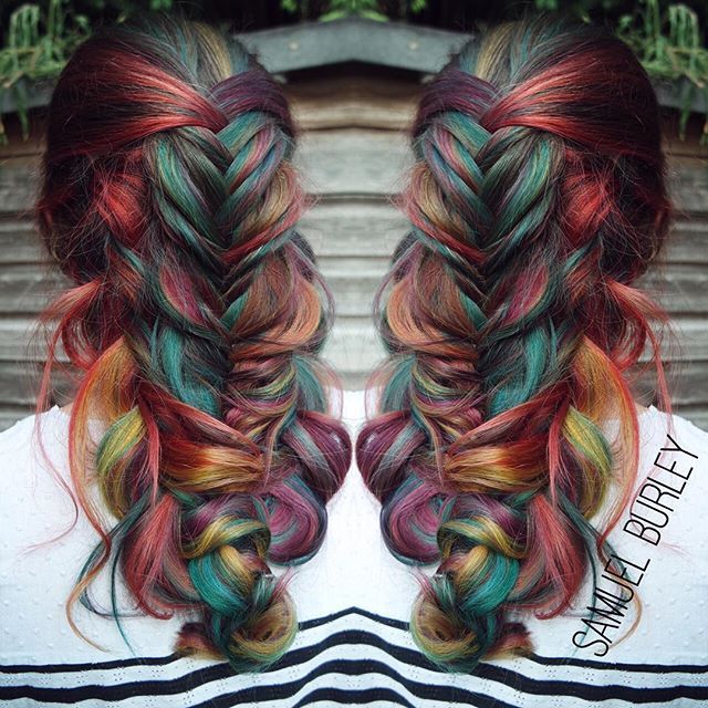 Romantic messy braid with rainbow color design by Samuel Burley of the U.K. #hotonbeauty HOT Beauty Magazine facebook.com/hotbeautymagazine #messybraids