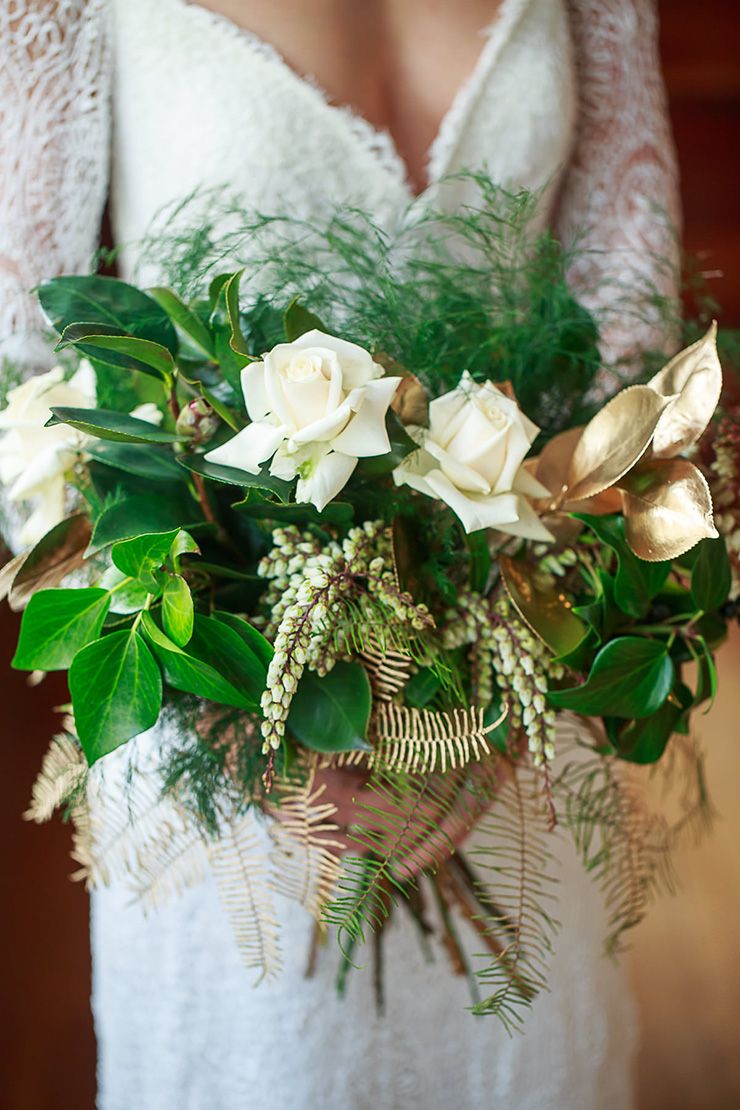 Vintage Glam Wedding Inspiration Gilded In Gold Pinterest Rose White Rose And Green Foliage Wedding Bouquet With Gold Painted Ferns Jason Soon Photography