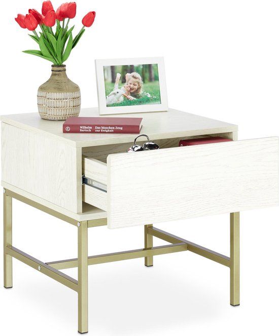 Relaxdays nachtkastje wit - bijzettafel vierkant - nachtkast met lade - tafeltje | bol.com Square Side Table, Changing Wall Color, Wall Colors, Engineered Wood, Bassinet, Bedside, Home Kitchens, Metal Frame