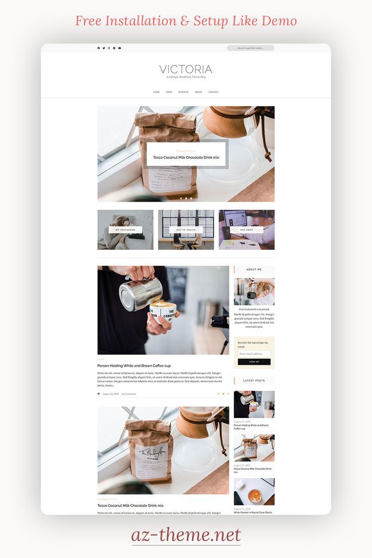 VICTORIA - Simple & Minimal WordPress Blog Victoria is a clean and minimal Wordpress blog theme. Victoria has a minimalistic layout that focuses on simplicity and readability. Easy installation allows you to start posting immediately after the activation. Theme supported Customizer which allows you to customize and change design of your blog. Perfect choice for your personal blog, corporate blog, marketing blog, authority blog or any type of creative blog. Feminine Wordpress Theme, Wordpress Theme Responsive, Best Wordpress Themes, Minimalist Layout, Minimalist Design, Corporate Blog, Custom Website Design, Wordpress Website Design, Best Web Design