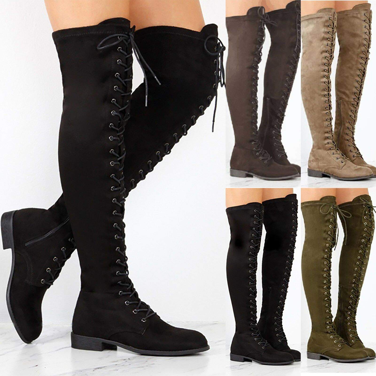 Womens Thigh High Boots Over The Knee Party Stretch Flat Low Heel Lace Up Shoes Womens Thigh High Boots Over The Knee Party Stretch Flat Low Heel Lace Up Shoes
