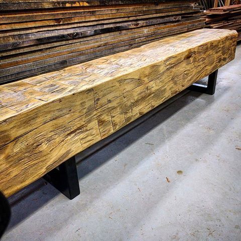 Big Barn Beam Bench This Is A Nice Hand Hewn Large Beam We Carefully Sanded And Did A Satin Clear Coat On It Is Mounted On Chunky Steel Legs Great
