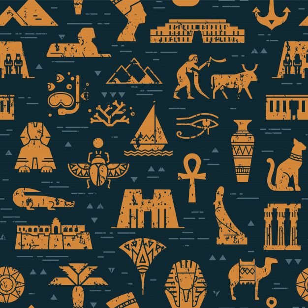 Dark seamless pattern of symbols, landma... | Premium Vector #Freepik #vector #pattern #flower #tree #color Egyptian Flag, Egyptian Pyramids, Egyptian Symbols, Ancient Egyptian Art, Egyptian Goddess, Ancient Aliens, Ancient Greece, Ancient History, Old Egypt