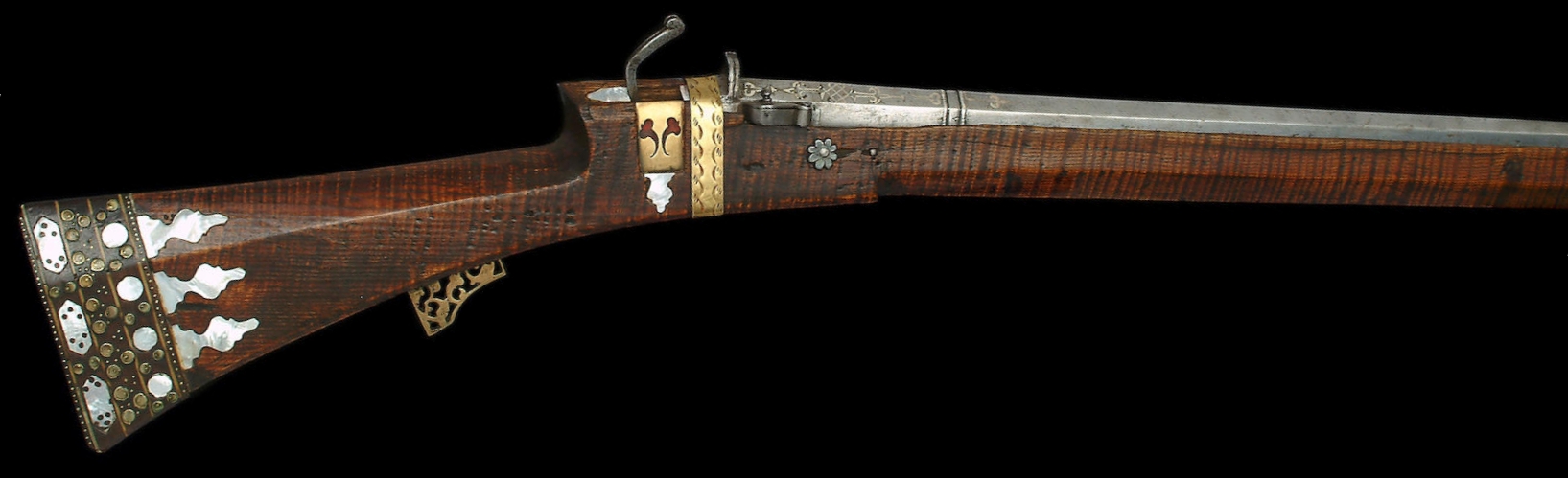 Ottoman matchlock gun, 17th century, two-stage octagonal sighted barrel inlaid with silver arabesques, strapwork and flowerheads along the breech and originally with a silver band around the muzzle, standing single-aperture back-sight inlaid with silver lines, pivoting pan-cover, Circassian walnut stock, 93.7 cm. barrel, a rare surviver of the type captured at the relief of the siege of Vienna in 1683. Most were broken up and the barrels only retained for remounting. Shotguns, Firearms, Antique Guns, Wheel Lock, Lovecraftian, Leather Holster, Silver Line, Guns And Ammo, Fantasy Inspiration