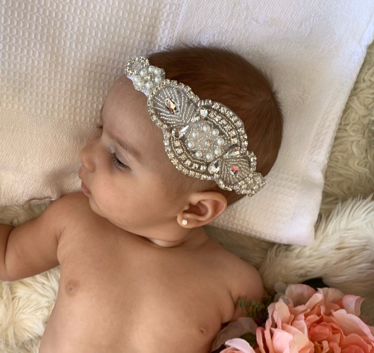 Girl Rhinestone Pearls HairBand headband Baptism Wedding Christening