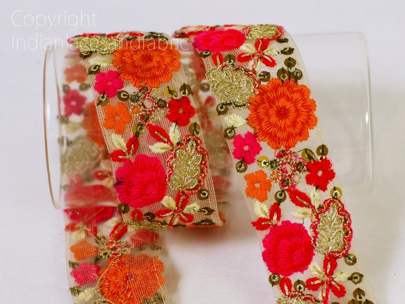 Salmon Pink Fabric Trim By The Yard Embroidered Embellishment Trimmings Sequin Sari Border Indian Crafting Sewing Cushions Curtains Ribbons