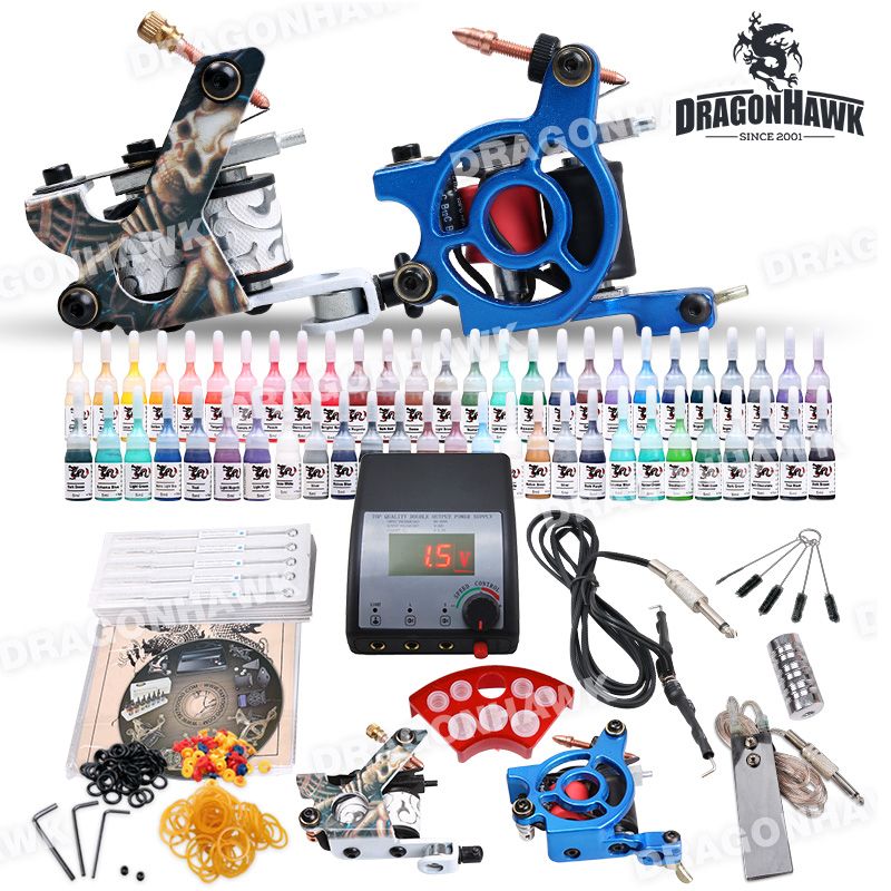 Beginner Tattoo Kit Set 54 Color Inks Power Supply 2 Guns