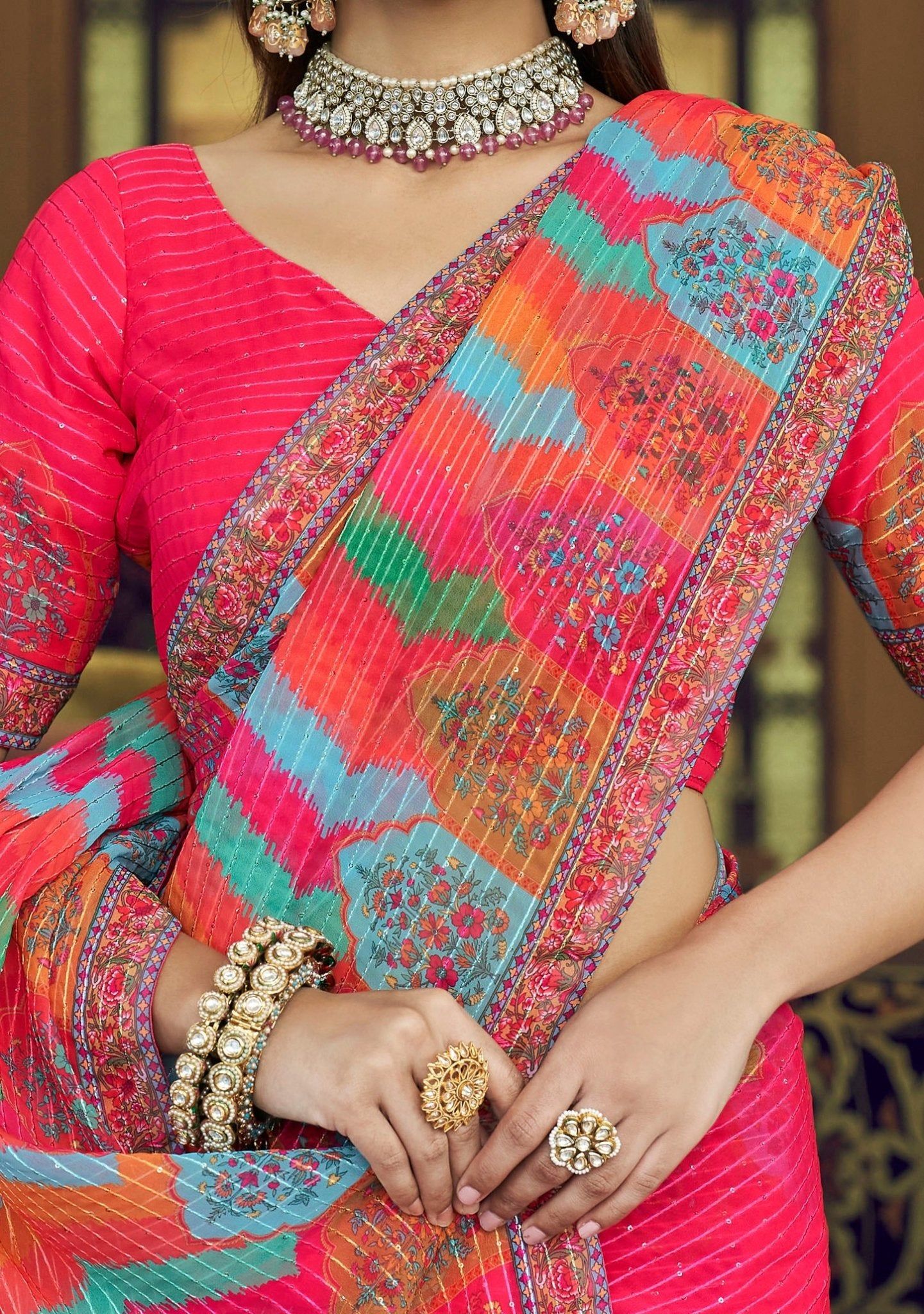 This gorgeous saree from the famous brand Arya is perfect for your party and bridal wear. Georgette Saree. Thread Sequences, and Printed Work. Georgette Blouse. Color: There might be slight color variation due to lighting and flashes while photo shooting. The color may also vary because of different screen resolutions. Wash Care: Dry Clean Only Readymade Saree, Georgette Sarees, Beautiful Saree, Gorgeous, Clothing Websites, Party Wear Sarees, Arya, Famous Brands, Dress 100