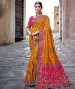 Banarasi Silk Banarasi Sarees, Silk Sarees, Yellow Saree, Long Cut, Orange Fabric, How To Dye Fabric, Blouse Online, Embroidered Silk, Festival Wear