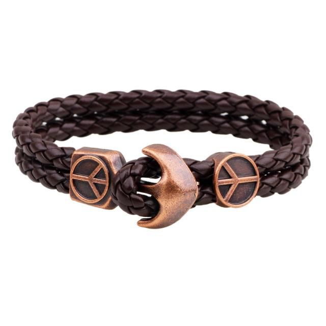Anchor Clasp Nautical Bracelet Black Coffee Leather Cord Peace Sign Anchor Clasp Nautical Bracelet Black Coffee Leather Cord Peace Sign