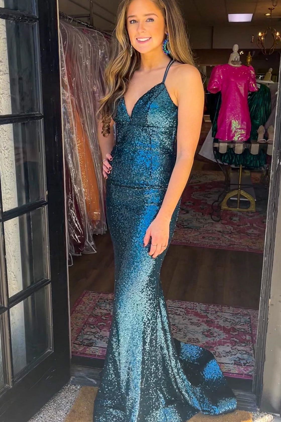 Dreamdressy green sequined long prom dress features V-neckline, lace-up back and sweeping mermaid-style skirt. Long Prom Dress, Prom Gown, Mermaid Gown Prom, Green Sequins, Skirt Fashion, Sequined, Custom Color, Floor Length, Custom Sizing