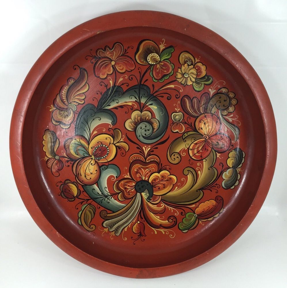 Vintage Norwegian folk art Rosemalt wooden bowl