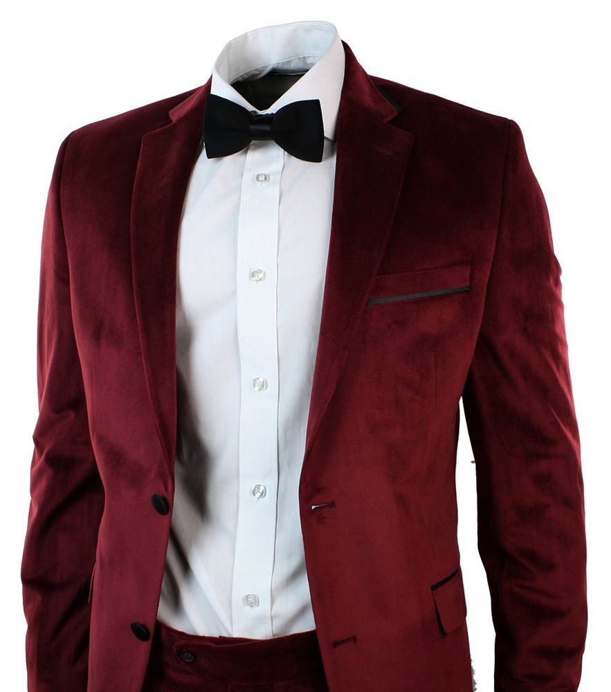 Mens Velvet Tailored Fit Maroon Wine Burgandy 3 Piece Suit Wedding Party Bow Tie Clothes Shoes Acc Mens Velvet Suit Velvet Jacket Men 3 Piece Suit Wedding