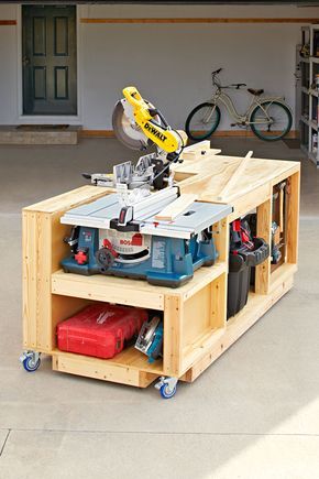 Mobile tool bench woodworking plan. This all-in-one shop on wheels combines three workhorse tools—a mitersaw, benchtop tablesaw, and table-mounted router—with a worksurface, space for a dust-collecting vacuum, and a ton of storage. Roll it out for marathon woodworking sessions; then park it back in the garage at the end of the day. Our step-by-step plans show you how to customize it to fit your tools. Woodworking Bench Plans, Workbench Plans, Learn Woodworking, Popular Woodworking, Woodworking Furniture, Custom Woodworking, Woodworking Projects, Woodworking Joinery, Woodworking Workshop