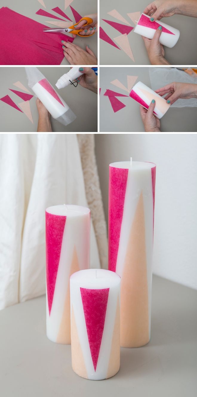 Learn how to add colored tissue paper to plain pillar candles! Diy Candle Pillars, Diy Candle Art, Beeswax Pillar Candles, Candle Kits, Scented Candles, Diy Photo Candles, Diy Candles, Making Candles, Homemade Candles