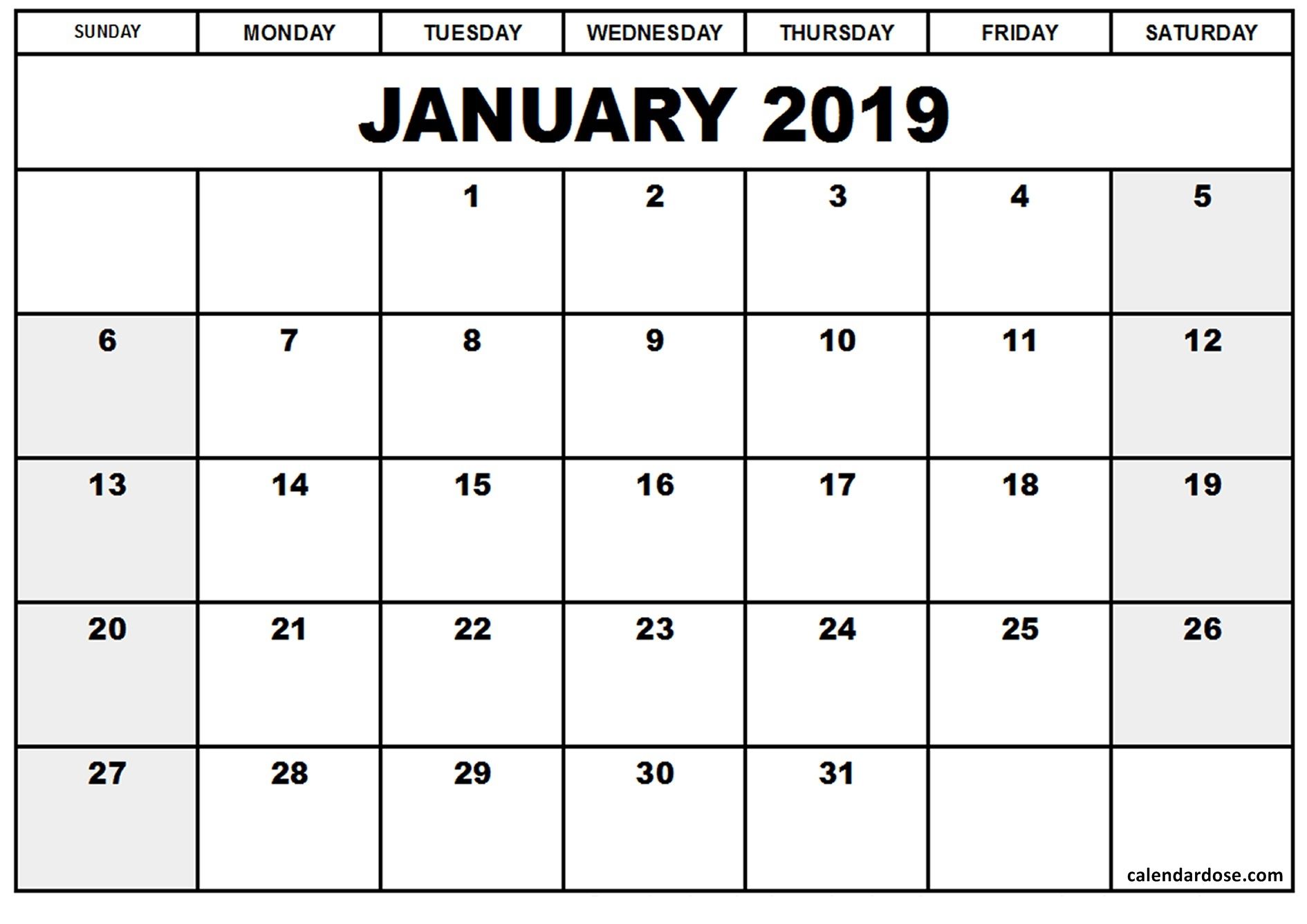 Download Printable Calendar January 2019 Monthly Calendar