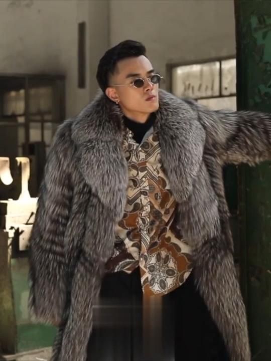 Mens Gray Fox Fur Coat Fashion Long Outwear Winter Coats Outfits Men Fur Coat Mens Winter Coats, Men S Saga Fur Coat