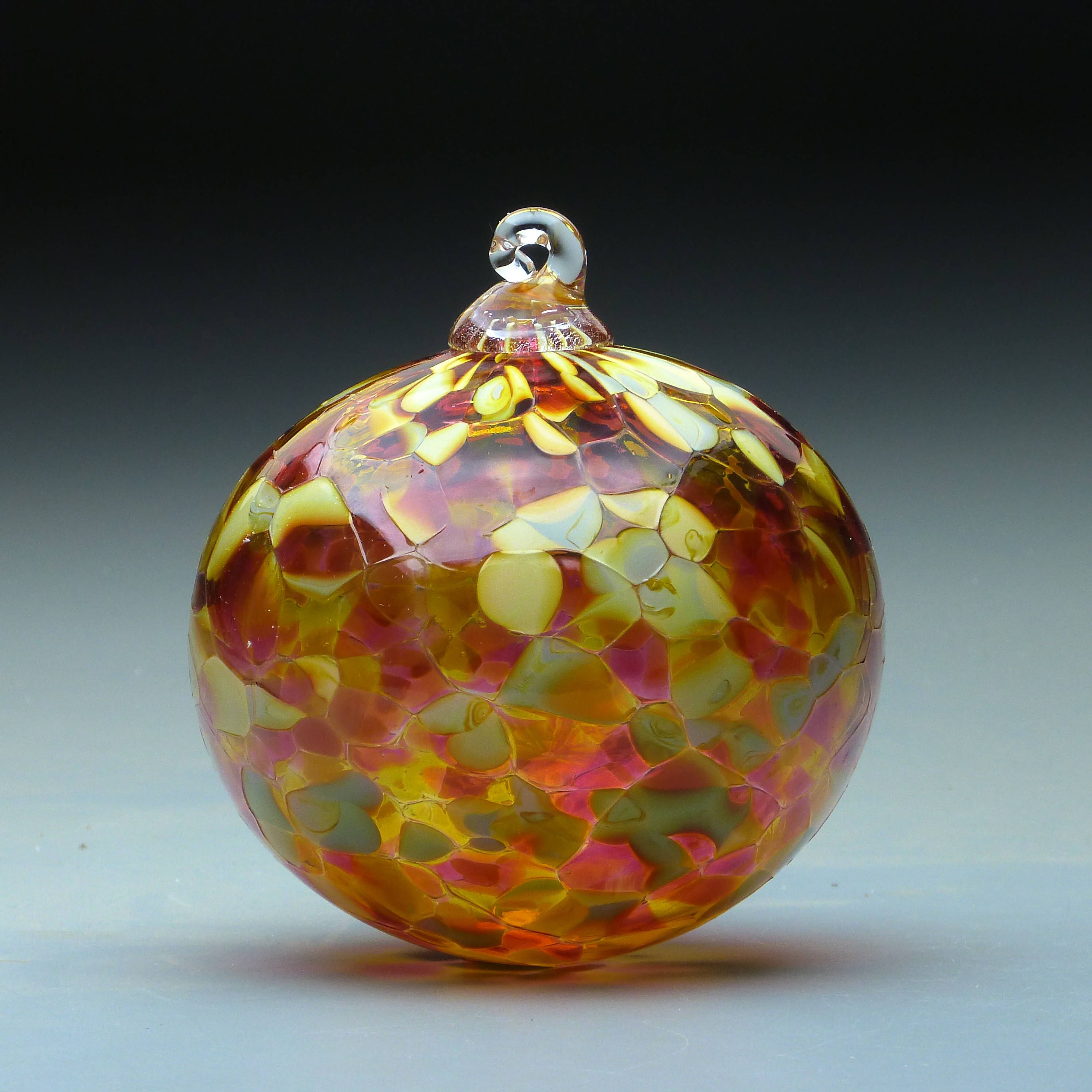Hand Blown Glass Round Christmas Ornament In Tones Of Gold, Hand Blown Glass Round Christmas Ornament In Tones Of Gold,