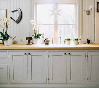 Grey Kitchen cabinets and light wooden countertops Wood Countertops in 2019 Grey kitchen ...