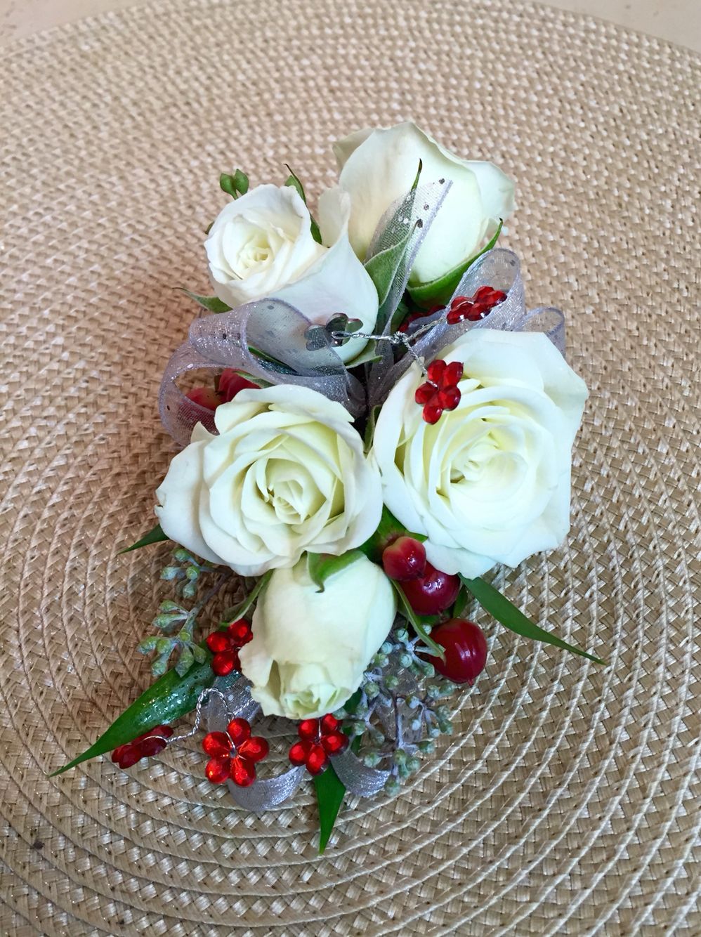 Wrist Corsage Christmas Corsage Red Rose with White ribbon on pearl bracelet