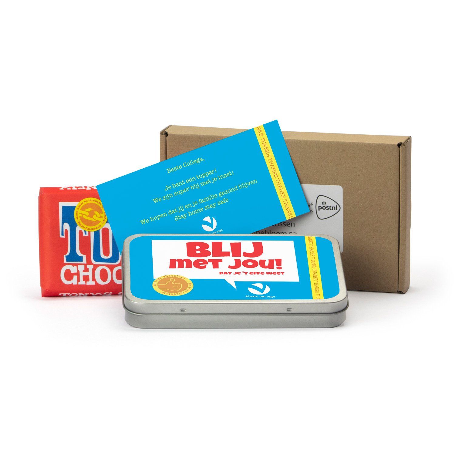 Tony's Chocolonely chocoladereep van 180 gram in een fraai bewaarblik met eigen kaart en dekselsticker! Je kunt het ontwerpen in de ontwerptool of zelf een ontwerp aanleveren.
Product details:
Formaat van chocoladereep: 16,5 cm x 8,5 cm x 1,5cm
100% Eerlijke chocolade
Gewicht chocoladereep: 180 gram
A6 blik met eigen dekselsticker Gin, Thankful, Products, Jeans, Gadget, Jin