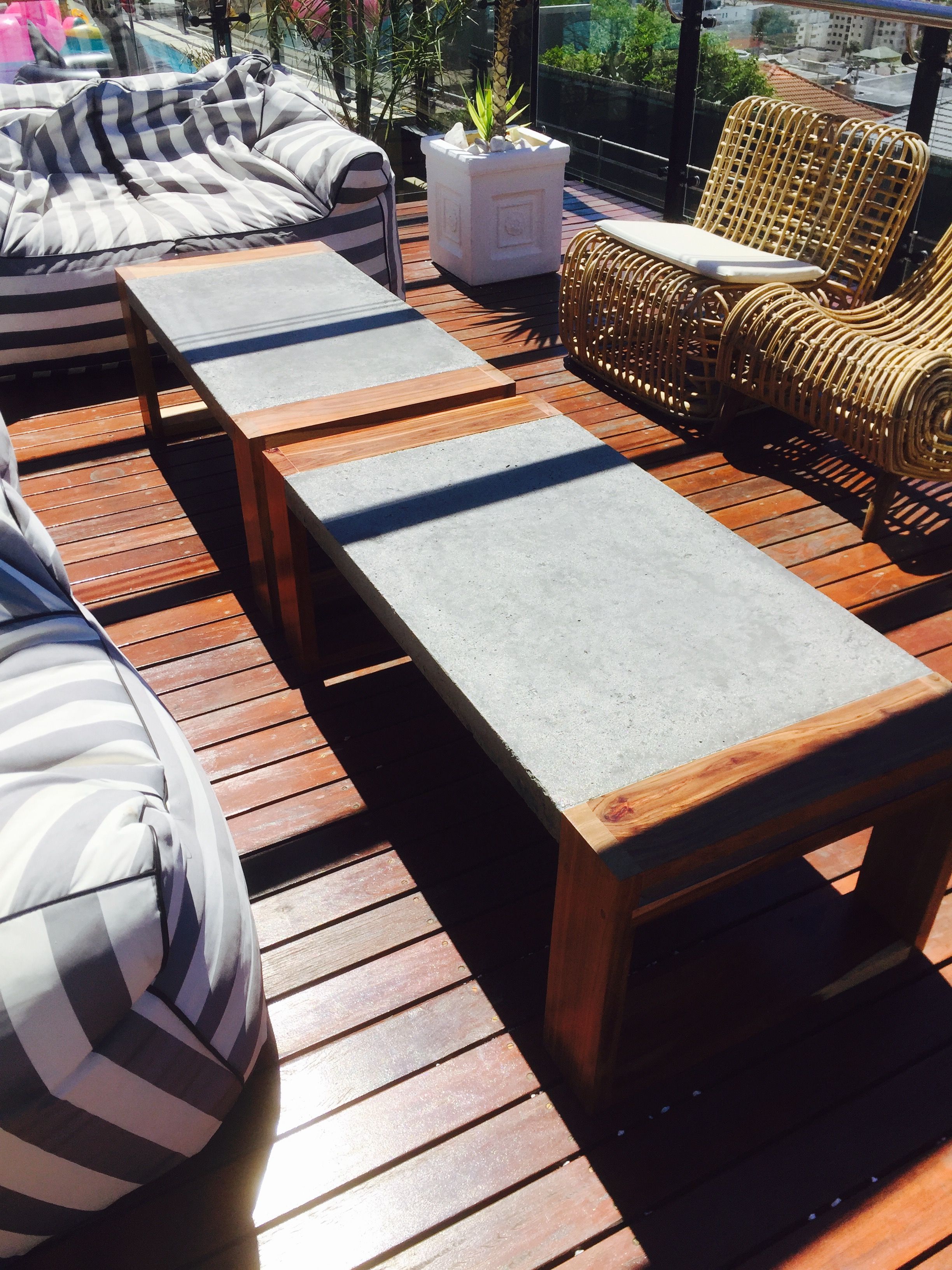 Concrete and kiaat wood outdoor coffee table by Tinsley woodcrafters