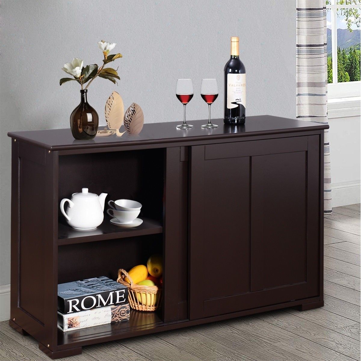 Costzon Kitchen Storage Sideboard Espresso Sideboard with Sliding Door Antique Stackable Cabinet for Home Cupboard Buffet Dining Room