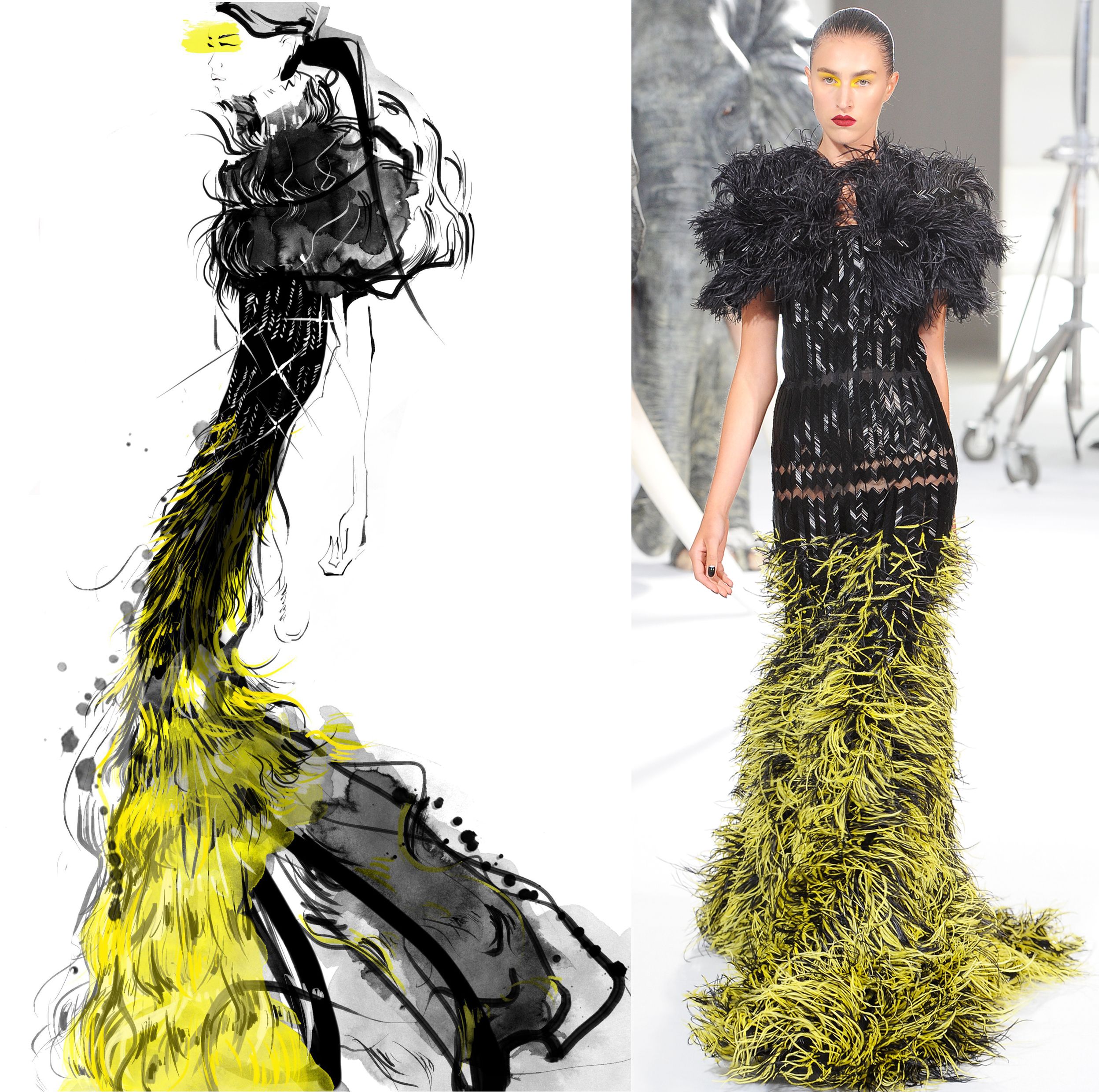 Look 17 herringbone feathered fishtail gown worn with leather beaded ... Gamle spiseborde