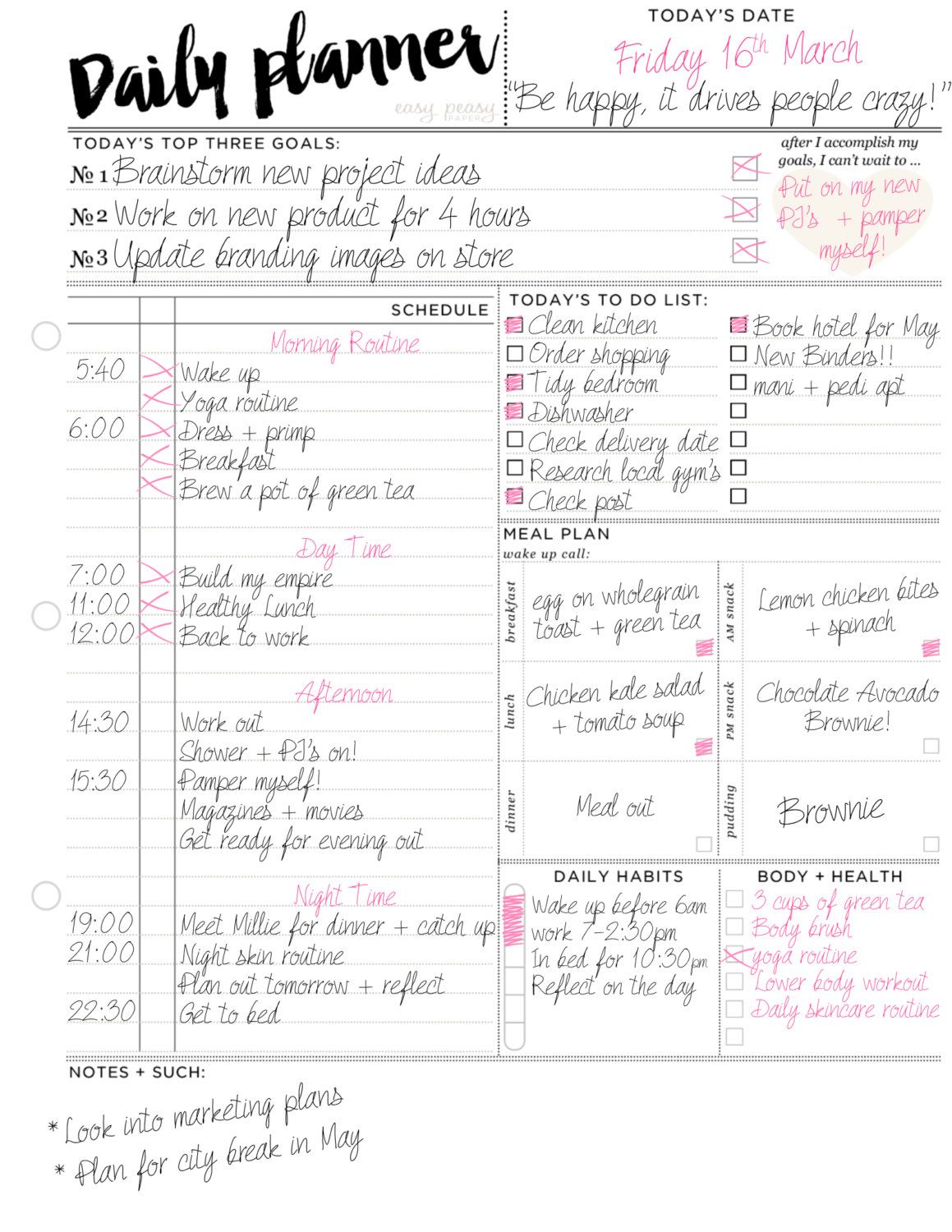 personal daily schedule