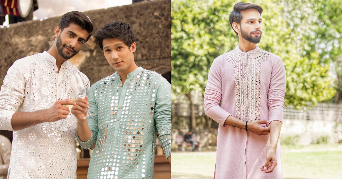 Sizzle And Dazzle In Mirror Work Kurtas For Grooms-To-Be This Wedding Season! For More Such Trends And Ideas, Stay Tuned With ShaadiWish. Wedding Dresses Men Indian, Wedding Dress Men, Wedding Looks, Pre Wedding, Groom Trends, Long Kurtas, Groom Dress Men, Mens Attire, Popular Outfits