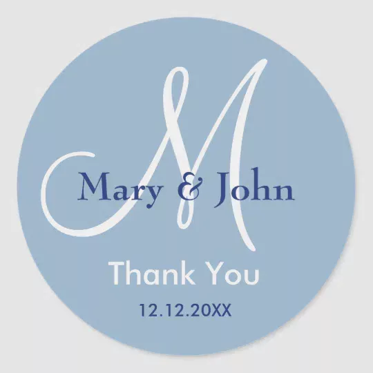 Modern Blue Thank You Monogram Wedding Favor Classic Round Sticker | Zazzle.com Monogram Stickers, Custom Stickers, Monogram Wedding Favors, Mary John, Telegram Logo, Wedding Stickers, Round Stickers, Unique Style, Thank You