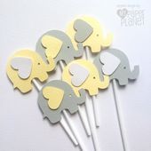 Elefant Cupcake Topper Pastell Gelb & Hellgrau. Babyparty, erster Geburtstag, Pa...