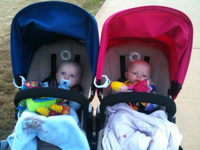 boy and girl double pushchair