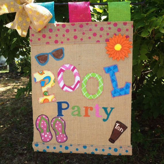 Pool Party Garden Flag Burlap Pool Party by