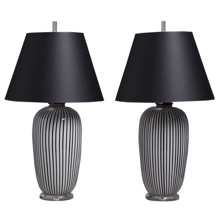 A Rare Pair Of Black And White Pinstripe Murano Glass Lamps Lamp Vintage Table Lamp Table Lamp