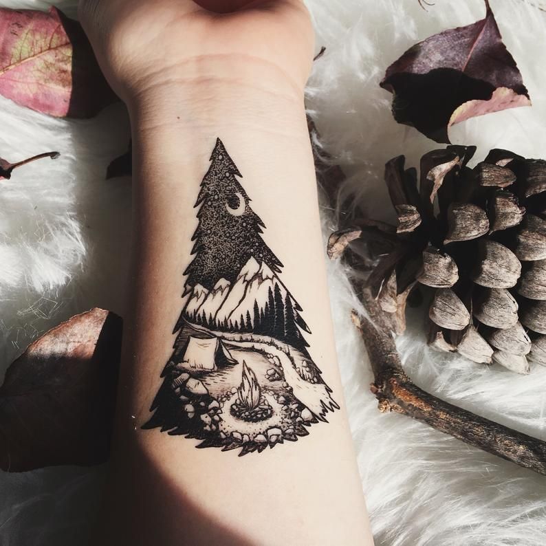 Mountain Camping Pine Forest Tent Campfire River Temporary Tattoo Black Line Nature Tattoo Tattoos For Guys Nature Tattoo Sleeve Nature Tattoos