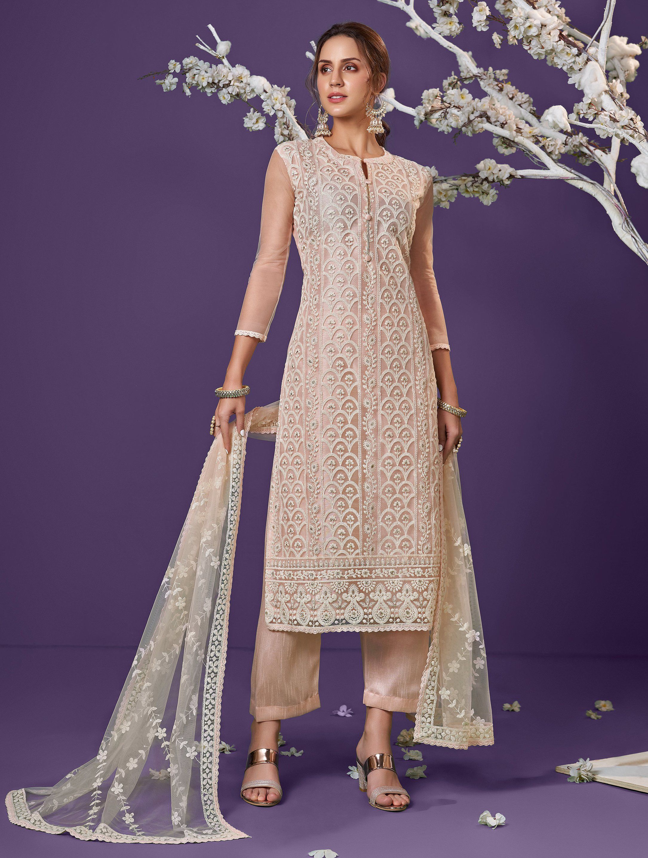Dusty Peach Designer Embroidered Party Wear Lucknowi Pant Suit-Saira's Boutique Lace Border, Bridesmaid Dresses, Wedding Dresses, Mehendi, Cotton Thread, Fabric Color, Silk Dupatta, Party Wear, Dusty