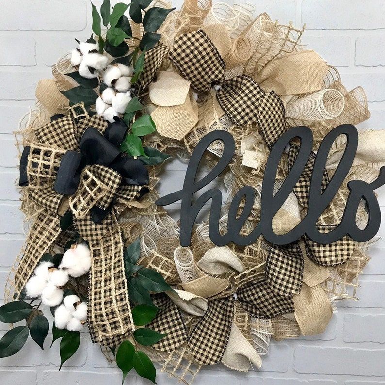 Hello Wreath Farmhouse Decor Everyday Wreath Year Round | Etsy Door Wreaths Diy, Wreath Crafts, Deco Mesh Wreaths, Wreath Decor, Diy Wreath, How To Make Wreaths, Wreaths For Front Door, Wreath Ideas, Burlap Wreath Summer