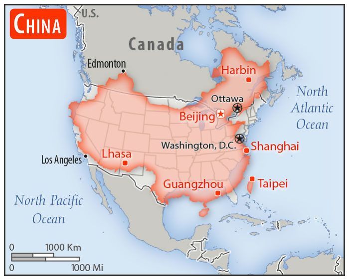 China compared to the contiguous United States. Map, China map