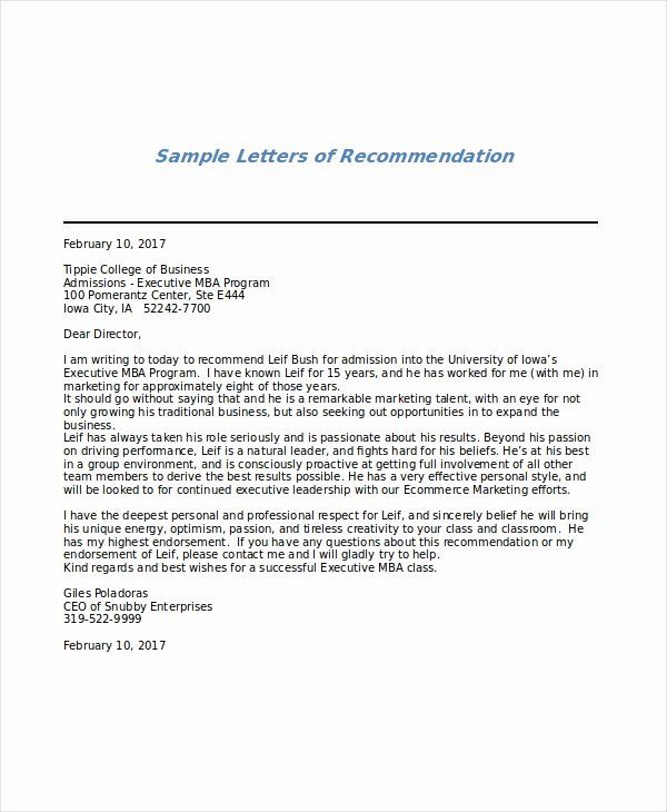 recommendation letter for mba program elegant 6 sample mba letter of recommendation for executive assistant