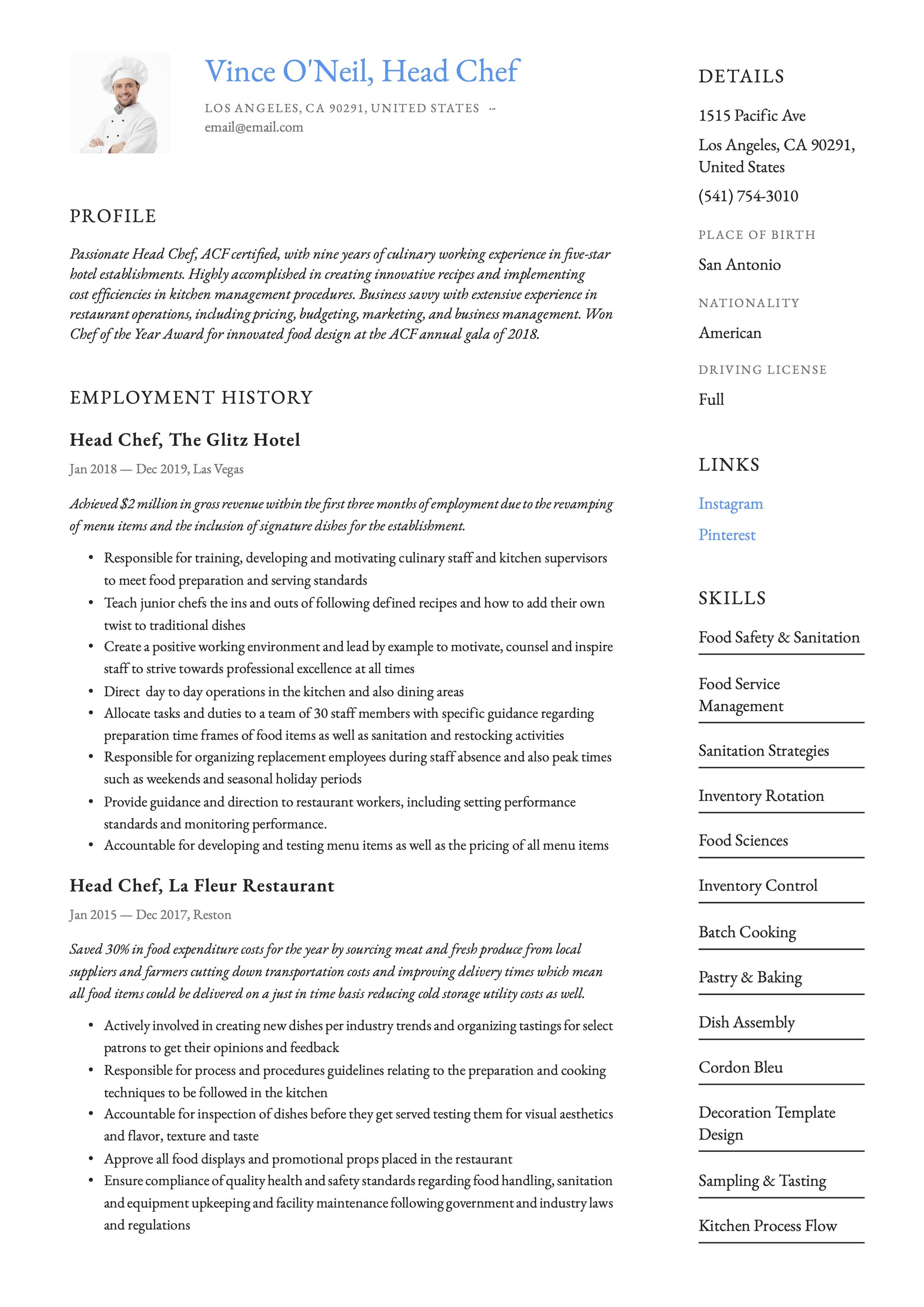 Head Chef Resume Example Chef resume, Resume writing, Guided writing