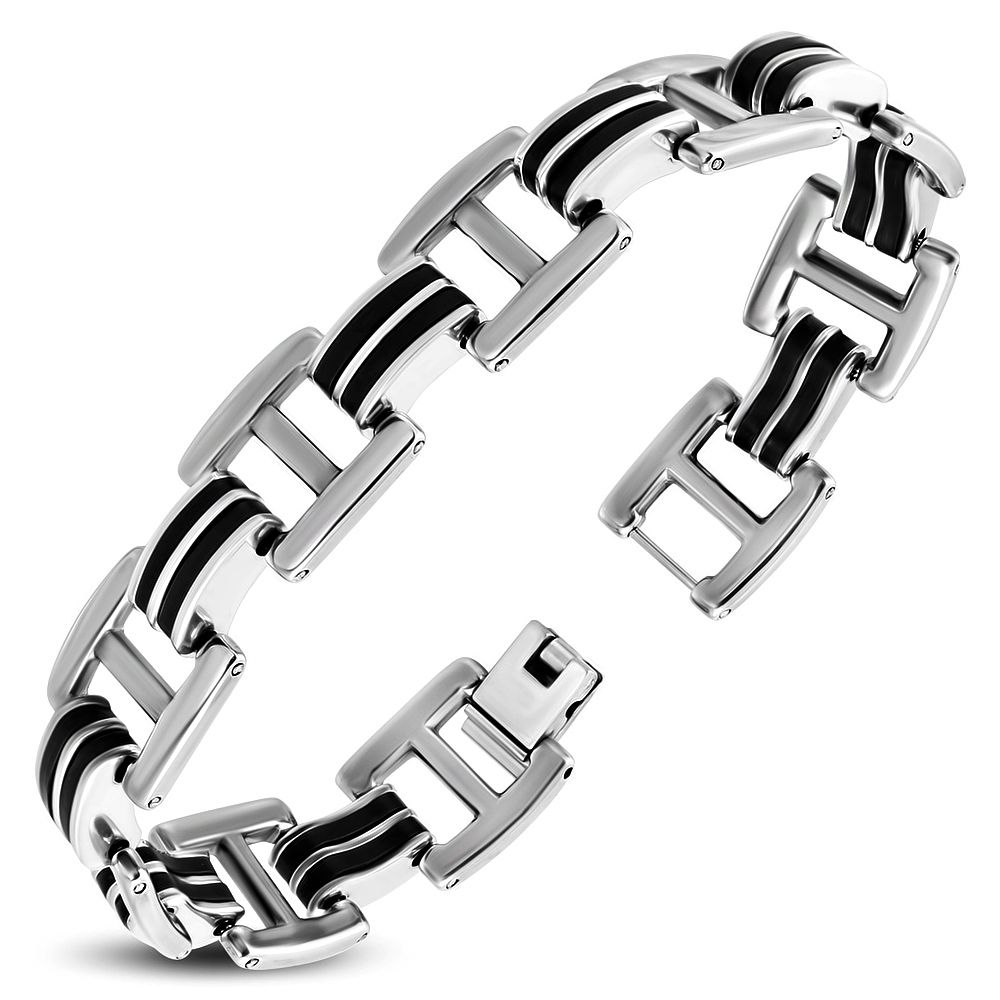 Gourmette homme en acier inoxydable et caoutchouc noir ZB0145 Gourmette homme en acier inoxydable et caoutchouc noir ZB0145