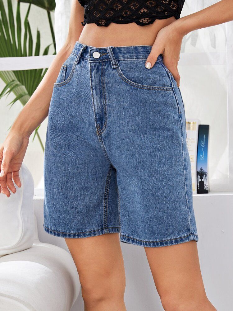 Patch Pocket Denim Bermuda Shorts | SHEIN USA | How to style bermuda ...