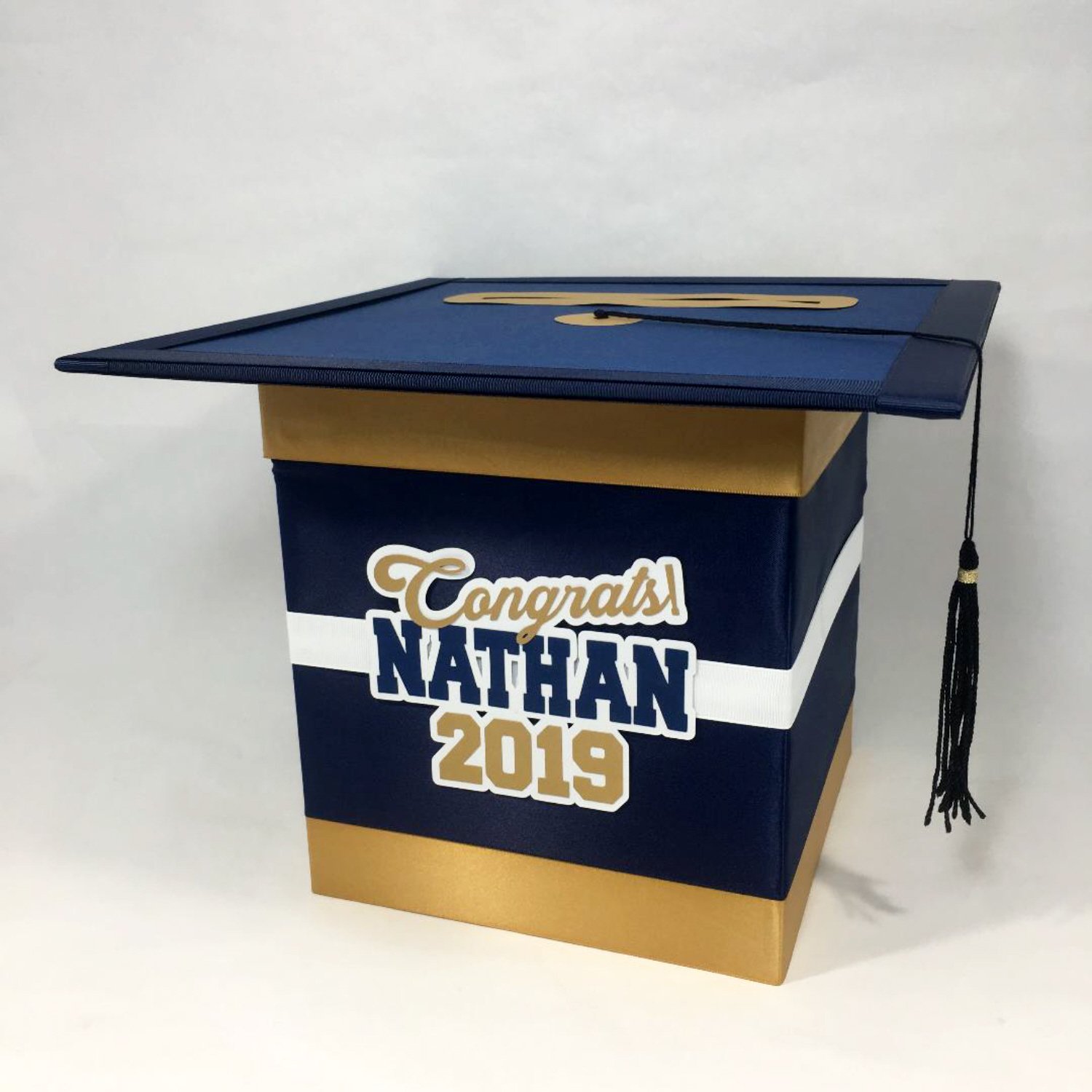 graduation cap card box navy gold graduation party