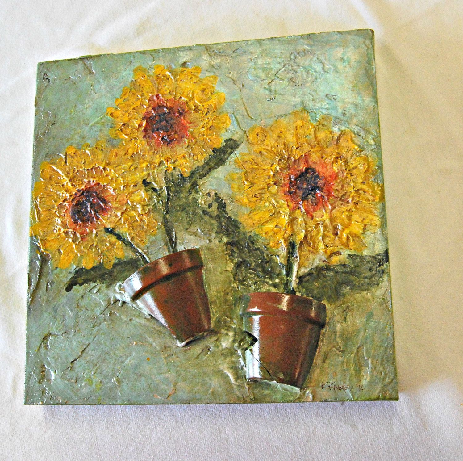 12X12 Canvas Relief Acrylic Painted Flowers With Terracotta Pot Pieces 12X12 Canvas Relief Acrylic Painted Flowers With Terracotta Pot Pieces