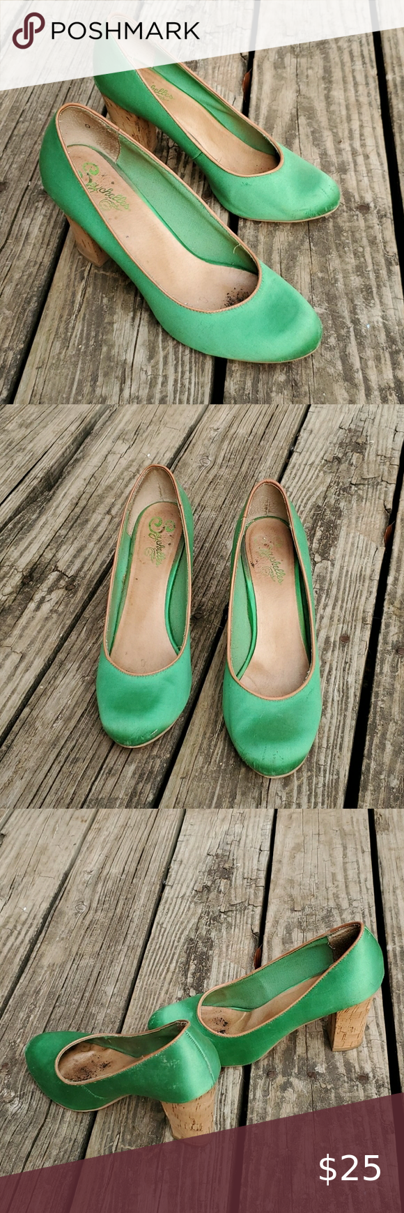 Anthro Seychelles Emerald Satin Cork 3 5 Heels 9 Shoes Women Heels Heels Seychelles Shoes