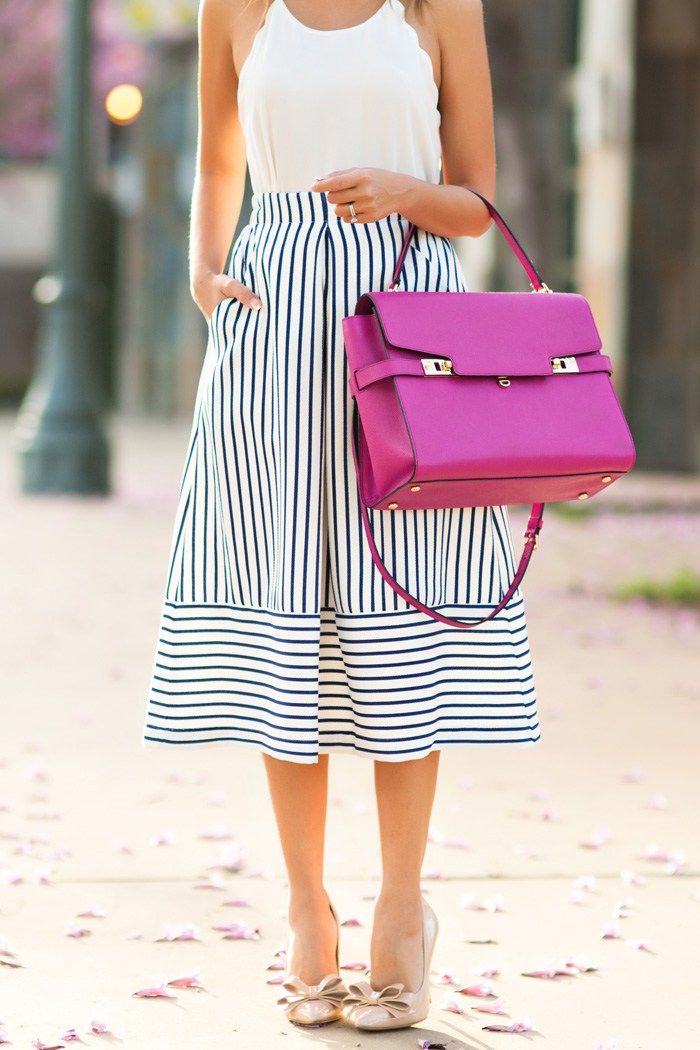 Pee Fashion Blog Lace And Locks Los Angeles Blogger Pee Fashion Blog Lace And Locks Los Angeles Blogger Navy Stripe Midi Skirt Henri Bendel Handbag Bow Heels Cute Spring Outfit
