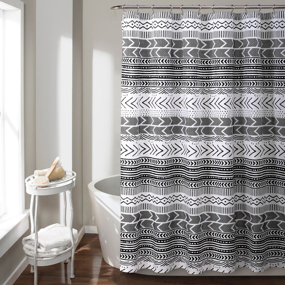 SHOWER CURTAIN LUSH DECOR NESCO STRIPE NAVY CORAL GRAY