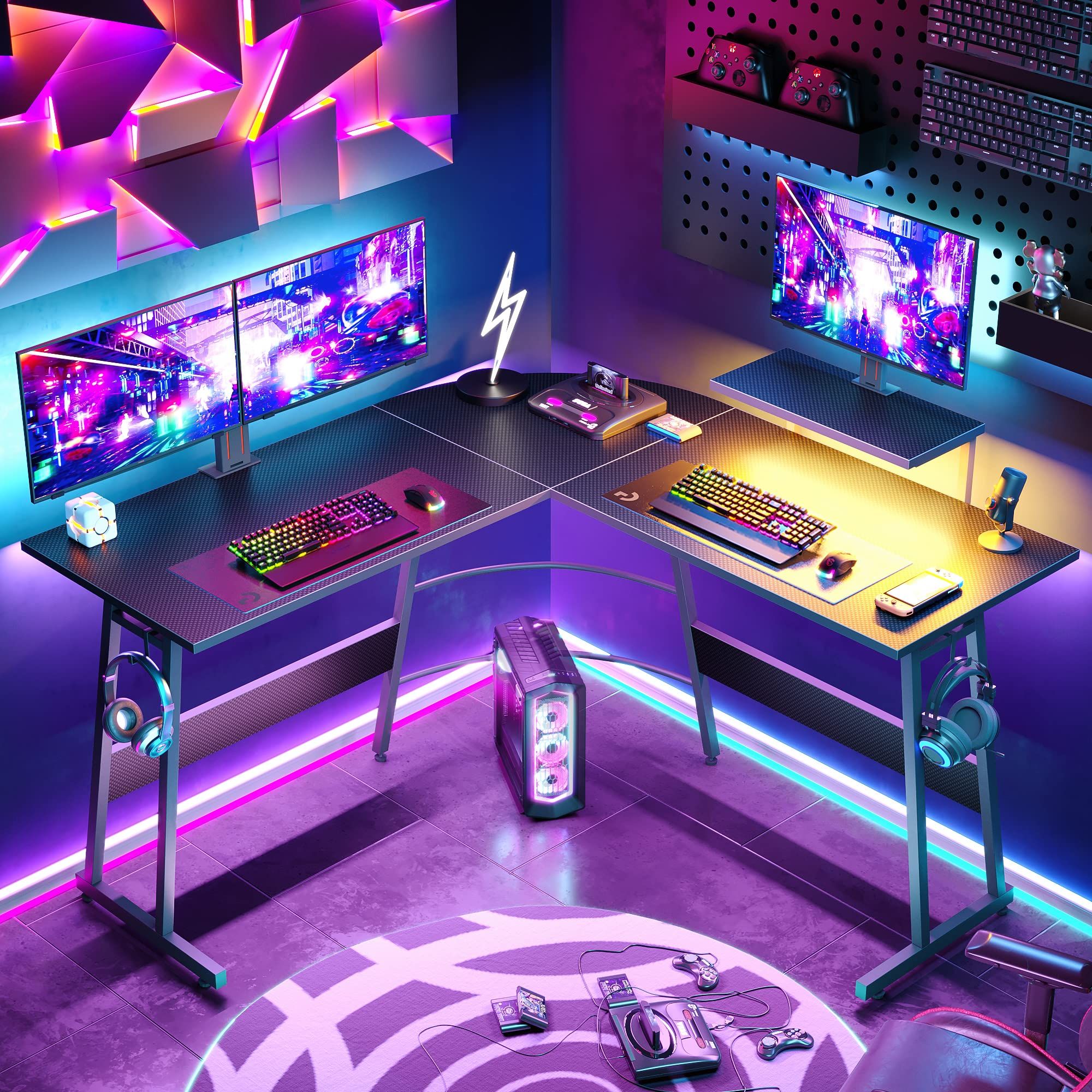 PRICES MAY VARY. 【RGB LED Desk】20 dynamic modes, 7 main colors to customize your space. More immersive gaming experience, more excellent record. 【Carbon Fiber Black Desk】Bestier gamer desk top features Carbon Fiber Texture, long-term use, anti-scratching, easy-cleaning. Use CARB P2 class Particle board, keep health and green. 【Ergonomic Monitor Shelf】This Monitor stand could be set at your right/left side, same as two headset hooks. Better sight angle and back pain reliving. 【Large Legroom】With Pc Gaming Table, Gaming Room Setup, Gaming Desk, Computer Desk, Gaming Pc, Diy Gamer Desk, Gamer Room, Office Guest Room, Home Office Setup