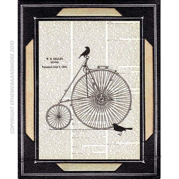 Vintage Peacock Penny Farthing Print Dictionary Page Wall Art Picture Bicycle Bird